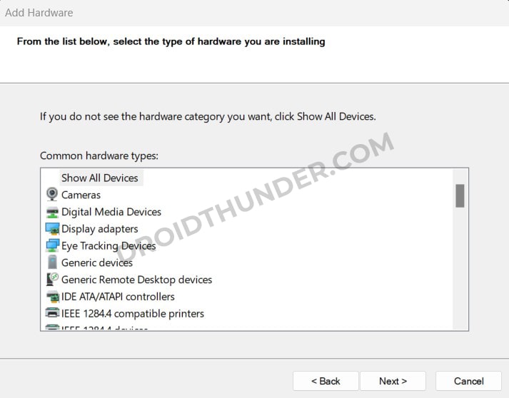 Click Show All Devices option in Add Hardware Setup