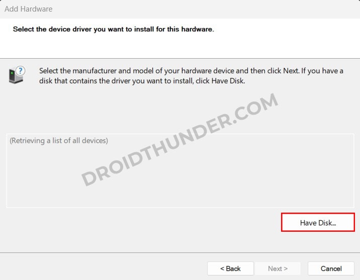 Select Have Disk option in Add Hardware Setup