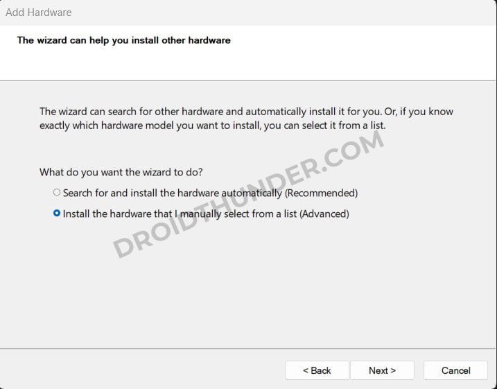 Select Install the hardware that I manually select from a list