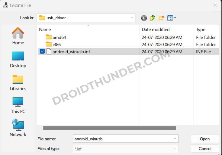 Select USB drivers android_winusb.inf setup file
