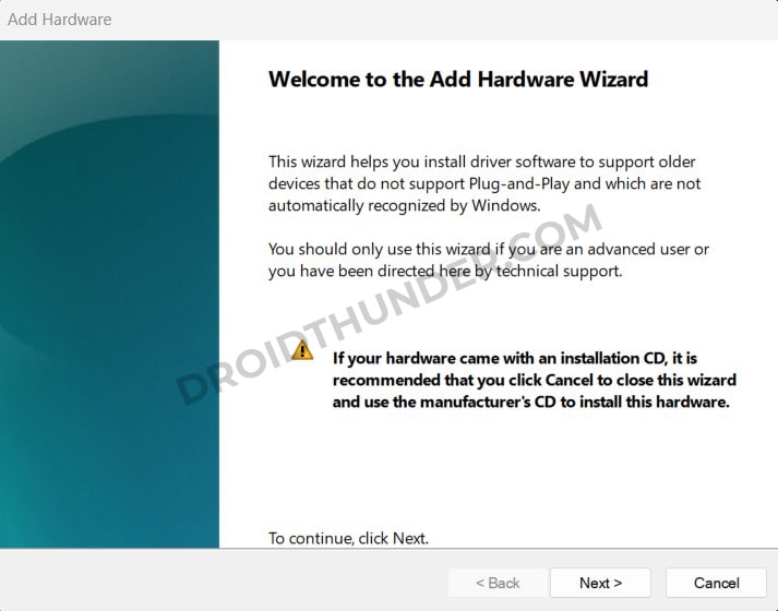 Welcome to Add Hardware Wizard window