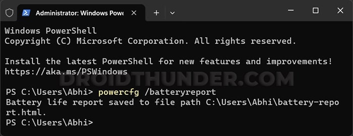 Battery life report saved in C drive of Windows 11