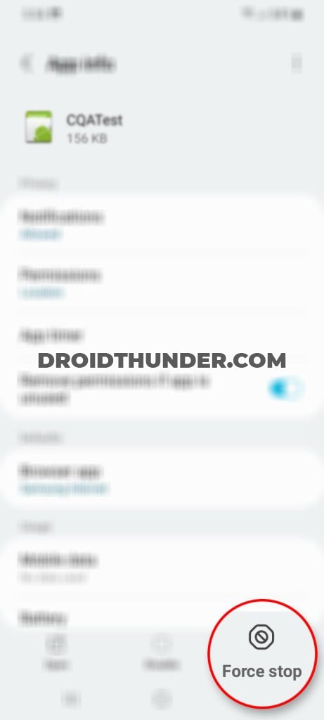 Force stop CQATest App on Android