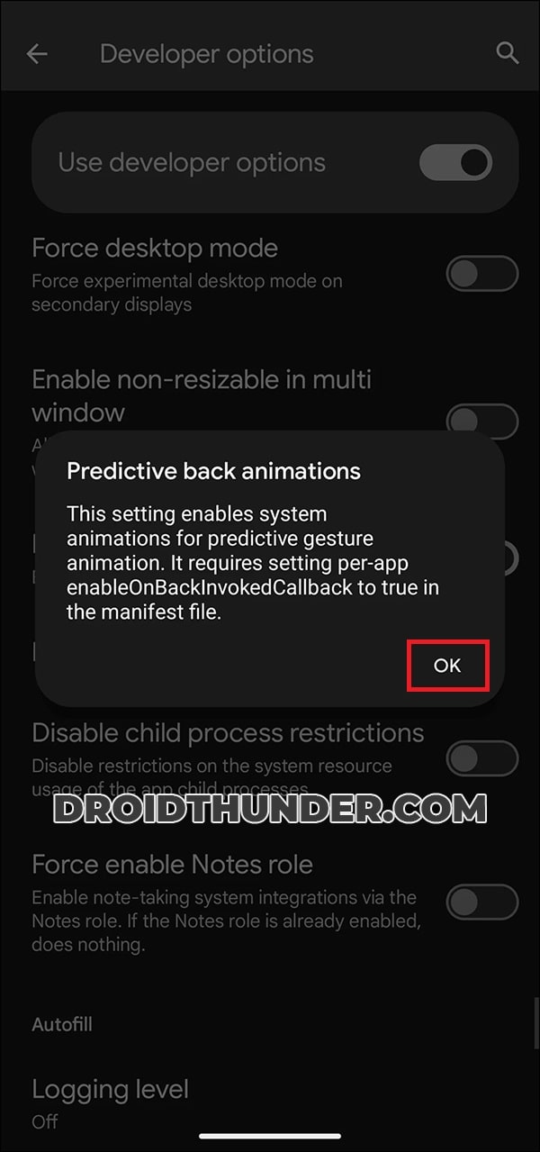 Tap Ok to turn on Predictive Back Animations in Developer options settings