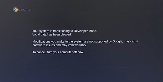 Chomebook system transitioning into Developer mode