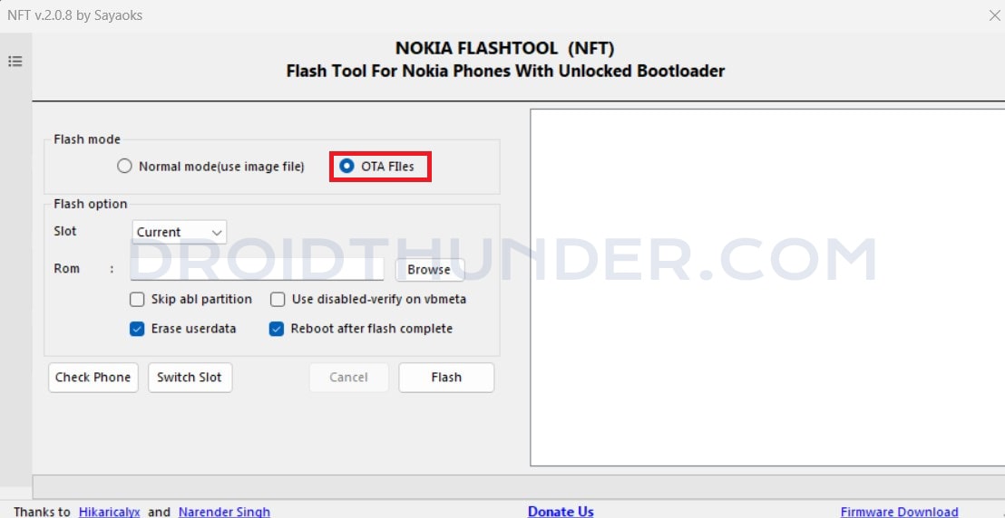 Select OTA Files mode in NFT to flash Payload.bin file